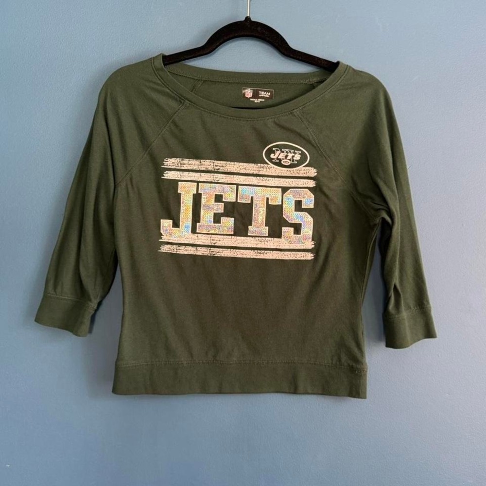 Jets Tee Girls Size 12/14 Green Sequin Boatneck 3/4 Sleeve Y2K Glam NFL‎ Team